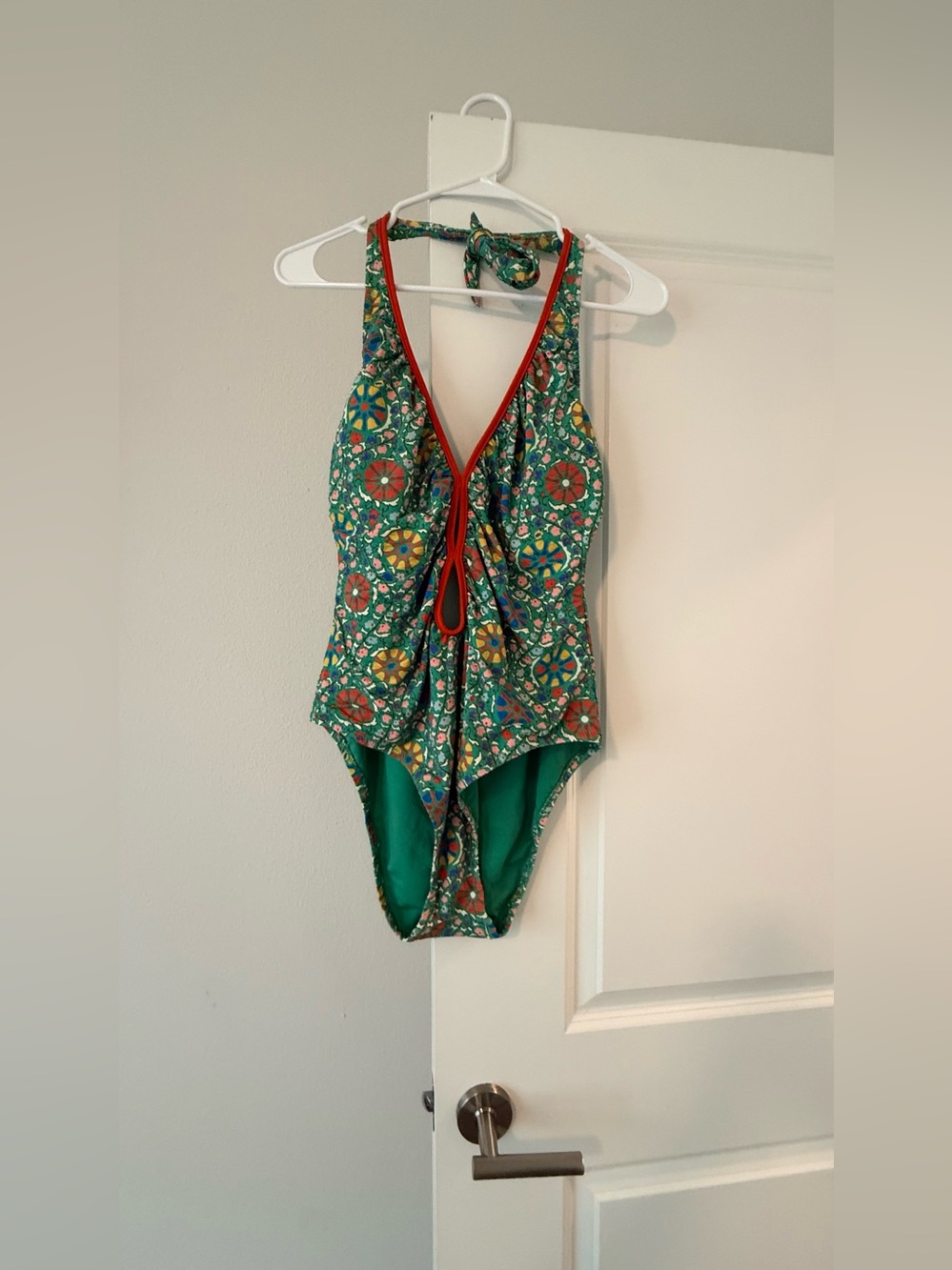 RHODE Green Mosaic Print One-Piece Swimsuit with Red Trim